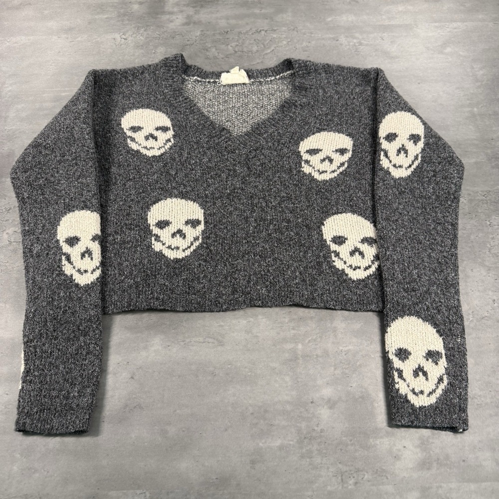 Skull Skeleton Sweater Women XS Gray White‎ Punk Goth Grunge 90s Y2K Crossbones